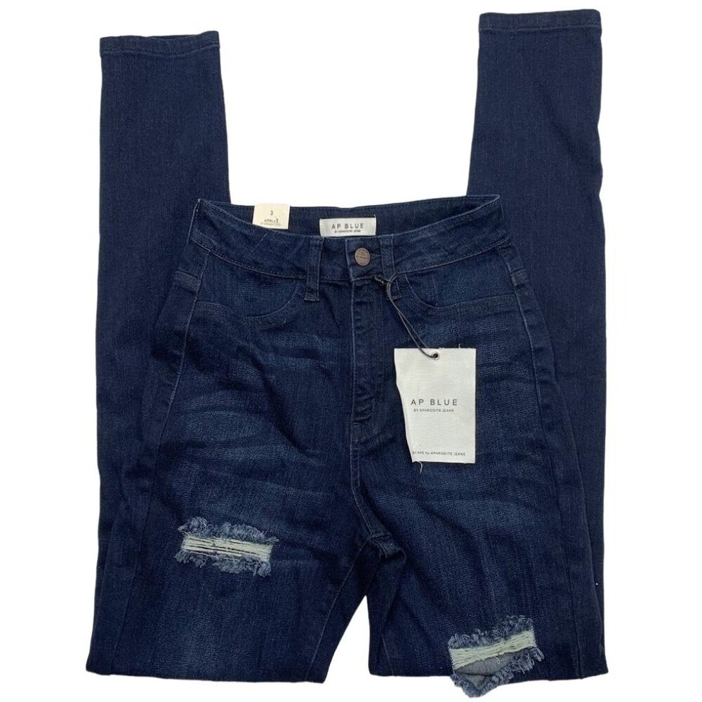 Aphrodite AP Blue Skinny Jeans Women's 3 Small High-Rise Navy Ripped Distressed